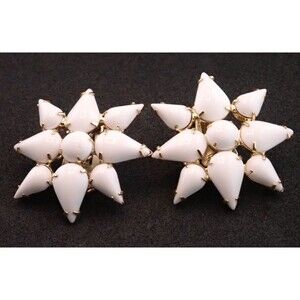 Vtg Milk Glass Starburst Atomic MCM Gold Tone Clip On Earrings Rivets Prong Set